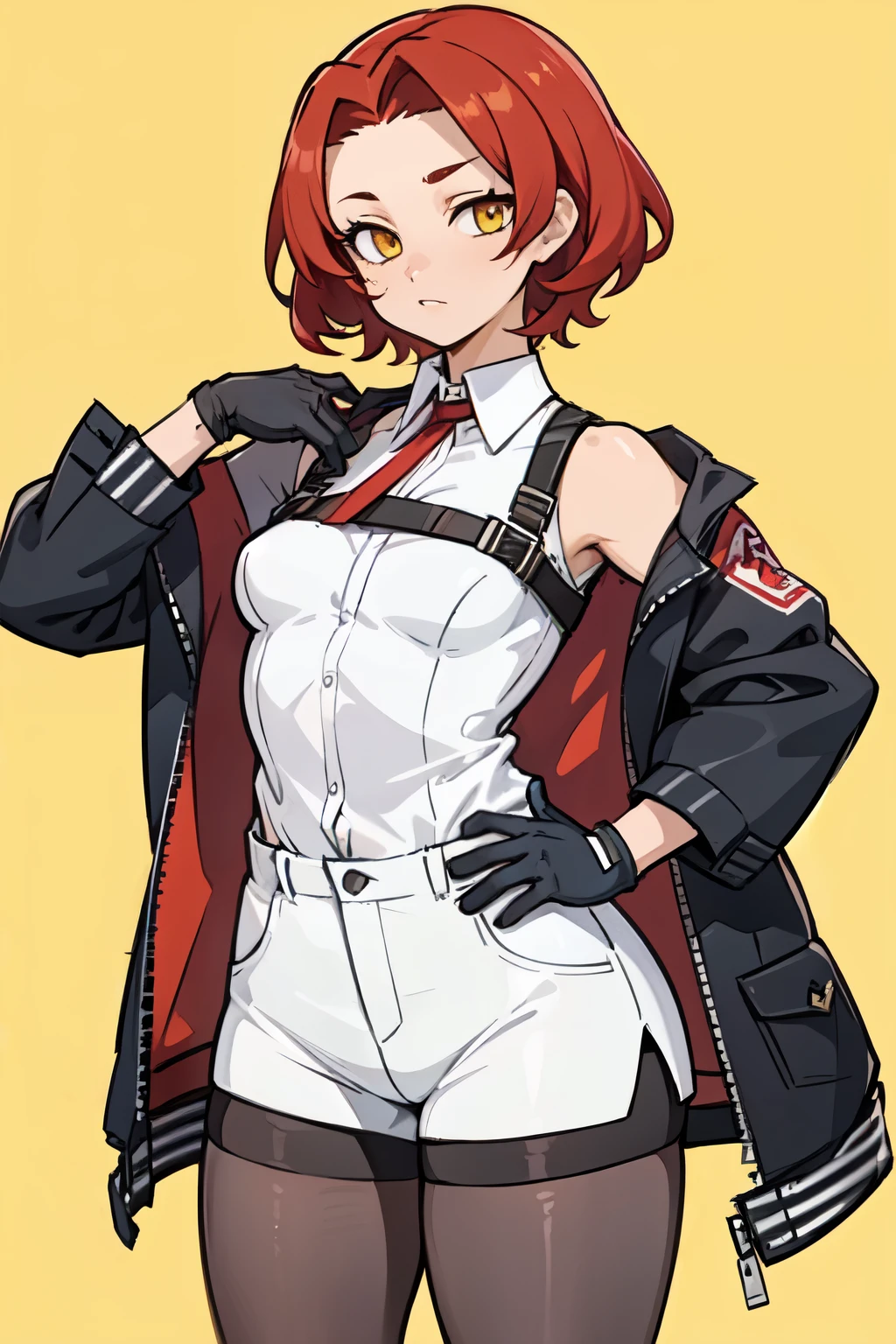 1girl, young woman, solo, short hair, Small hair, (forehead:1.2), yellow eyes, sharp ocular posture, (scarlet red hair), light brown skin tone, Athletic, medium muscular, medium breasts, (mini jacket, black cjacket, open :1.2), white shirt, collared shirt, (chest harness, shoulder strap:1.15), black leather shorts, 7/8 pantyhose, garter belt, gloves, elegant, looking at viewer, standing, yellow background, masterpiece, best quality, 4k