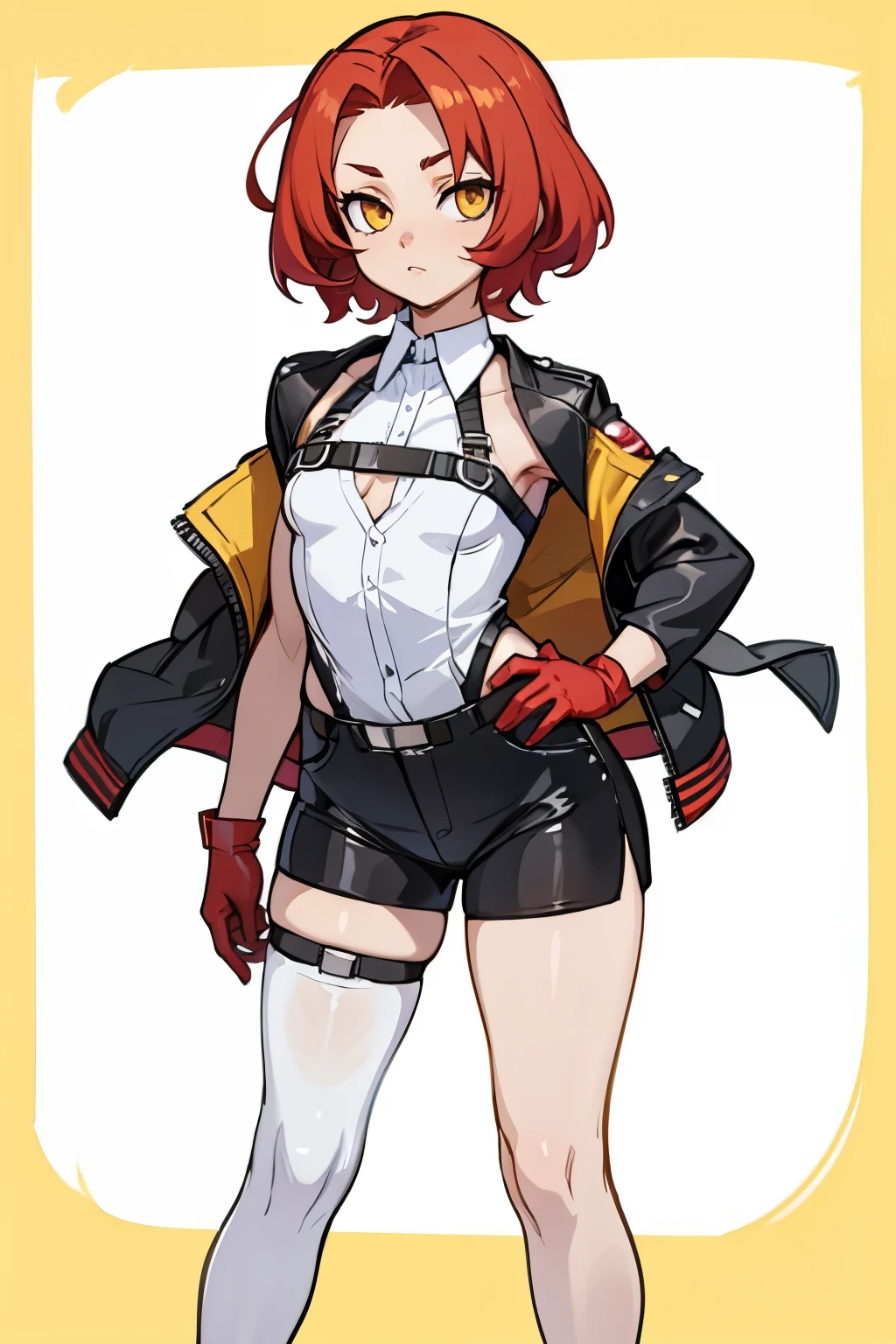 1girl, young woman, solo, short hair, Small hair, (forehead:1.2), yellow eyes, sharp ocular posture, (scarlet red hair), light brown skin tone, Athletic, medium muscular, medium breasts, (mini jacket, black cjacket, open :1.2), white shirt, collared shirt, (chest harness, shoulder strap:1.15), black leather shorts, 7/8 pantyhose, garter belt, gloves, elegant, looking at viewer, standing, yellow background, masterpiece, best quality, 4k