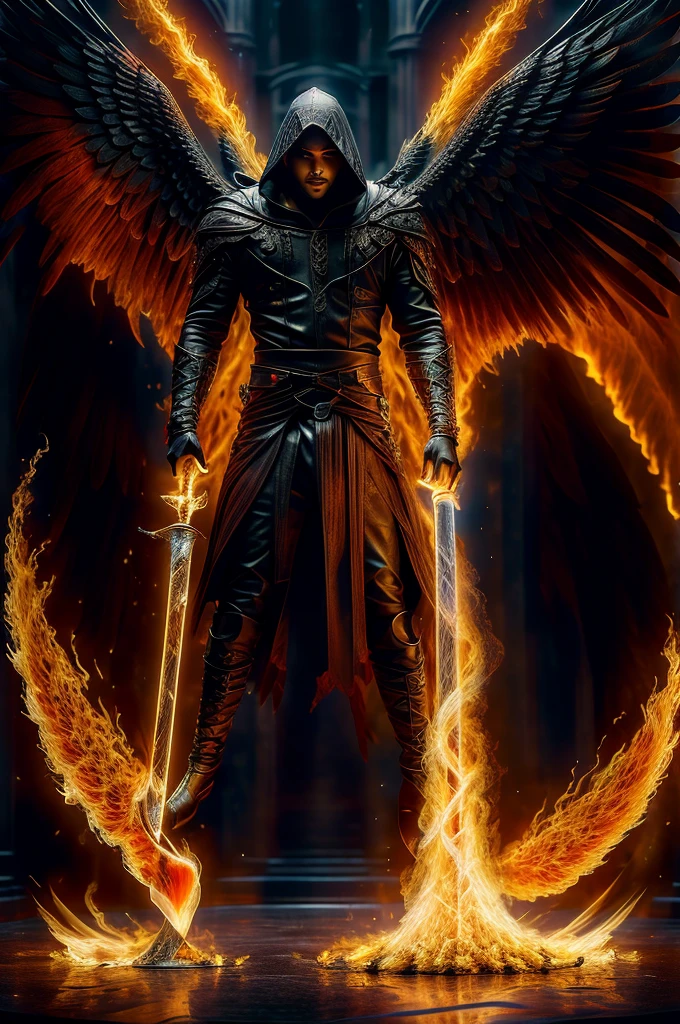 fallen bleeding faceless angel wearing a hood with a huge flaming sword and huge black wings kneeling standing on the abyss of death hell