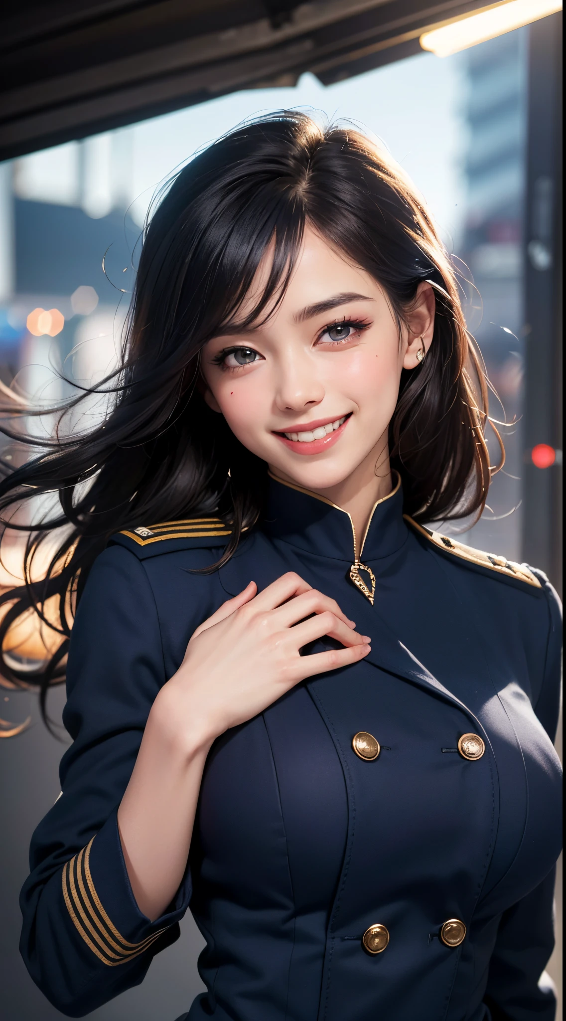 (UHD, retina, masterpiece, ccurate, anatomically correct, textured skin, super detail, high details, high quality, best quality, highres, 1080P, HD, 4K, 8k, 16k), (beautiful detailed eyes, beautiful detailed lips, extremely detailed eyes and face), studio lighting, physically-based rendering, vivid colors, (large breasts, glamorous body), (navy uniform:1.37), (portrait, shiny hair, shiny skin, blush), (bokeh), eye reflection, jet black hair, (smile and laugh:1.5),