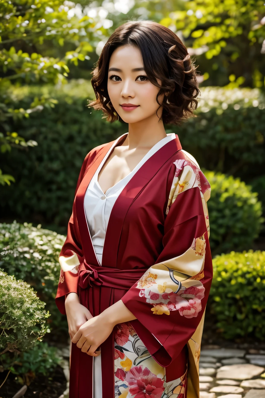 30 years old Japanese woman, Light color skin, Expressionless, Short curly hair, Wearing red Kimono with yellow ornaments, Dress modestly, Model body, Standing pose, Facing at the viewer, At the garden, Day scene, High Resolution, High details, Textured skin, Anatomically correct, Photorealistic.