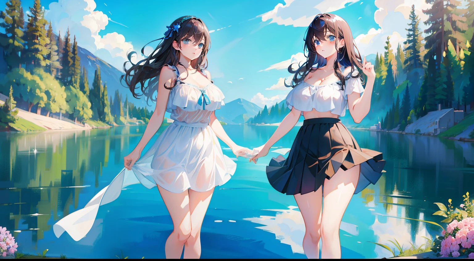 (masterpiece), best quality, expressive eyes, perfect face, ultra detailed, full body, lake background, 2girls, blue eyes, dark hair, thicc thighs, very low-cut skirt, cleavage, stretch marks, large boobs, very tight strapless very short top, long curly hair, completely exposed belly