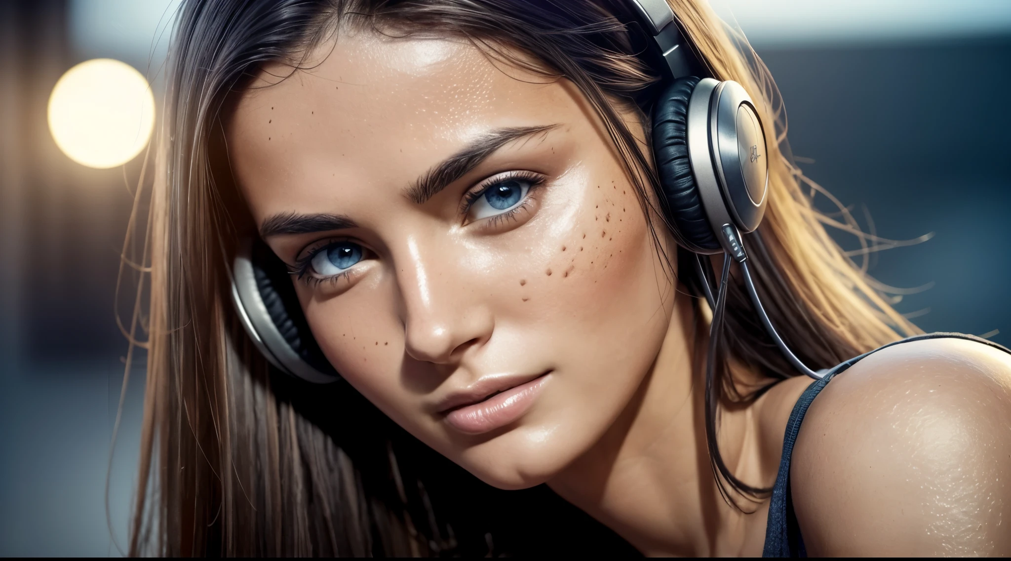 dressed, (photo realistic:1.4), (hyper realistic:1.4), (realistic:1.3), (smoother lighting:1.05), (increase cinematic lighting quality:0.9), 32K, one 20yo girl, realistic lighting, backlighting, light on face, ray trace, (brightening light:1.2), (Increase quality:1.4), (best quality real texture skin:1.4), finely detailed eyes, finely detailed face, finely quality eyes, (tired and sleepy and satisfied:0.0), face closeup, t-shirts with headphones, (Increase body line mood:1.1), (Increase skin texture beauty:1.1)