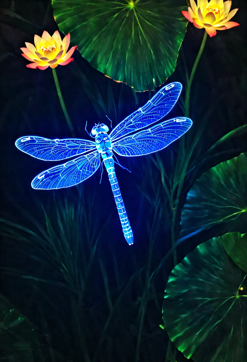 (glowing dragonfly:1.5)，natta，lotus flower