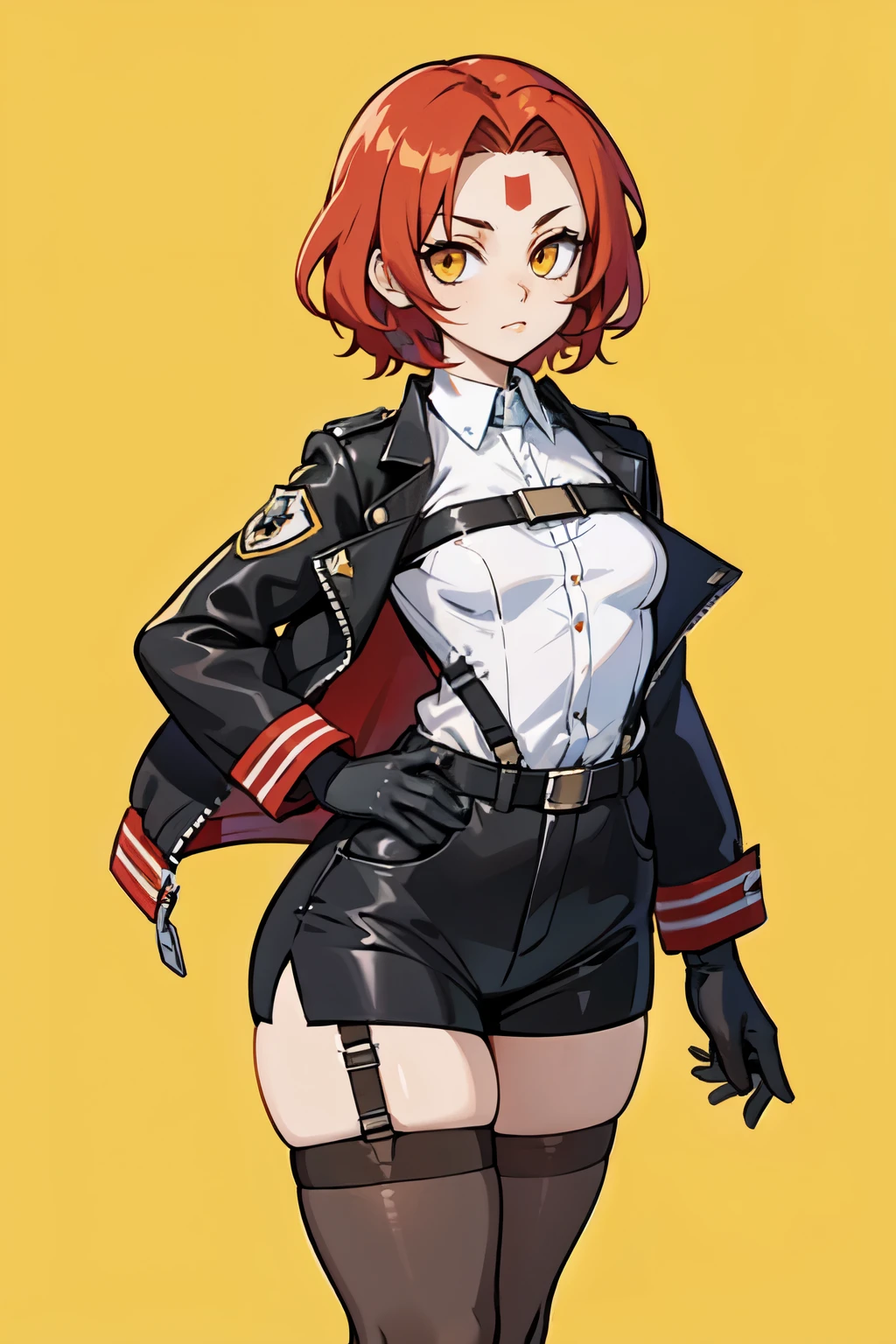 1girl, young woman, solo, short hair, Small hair, (forehead:1.2), yellow eyes, sharp ocular posture, (scarlet red hair), light brown skin tone, Athletic, muscular, medium breasts, (mini jacket, black jacket), white shirt, collared shirt, (chest harness, shoulder strap:1.15), black leather shorts, 7/8 pantyhose, garter belt, gloves, elegant, looking at viewer, standing, mustard color background, masterpiece, best quality, 4k
