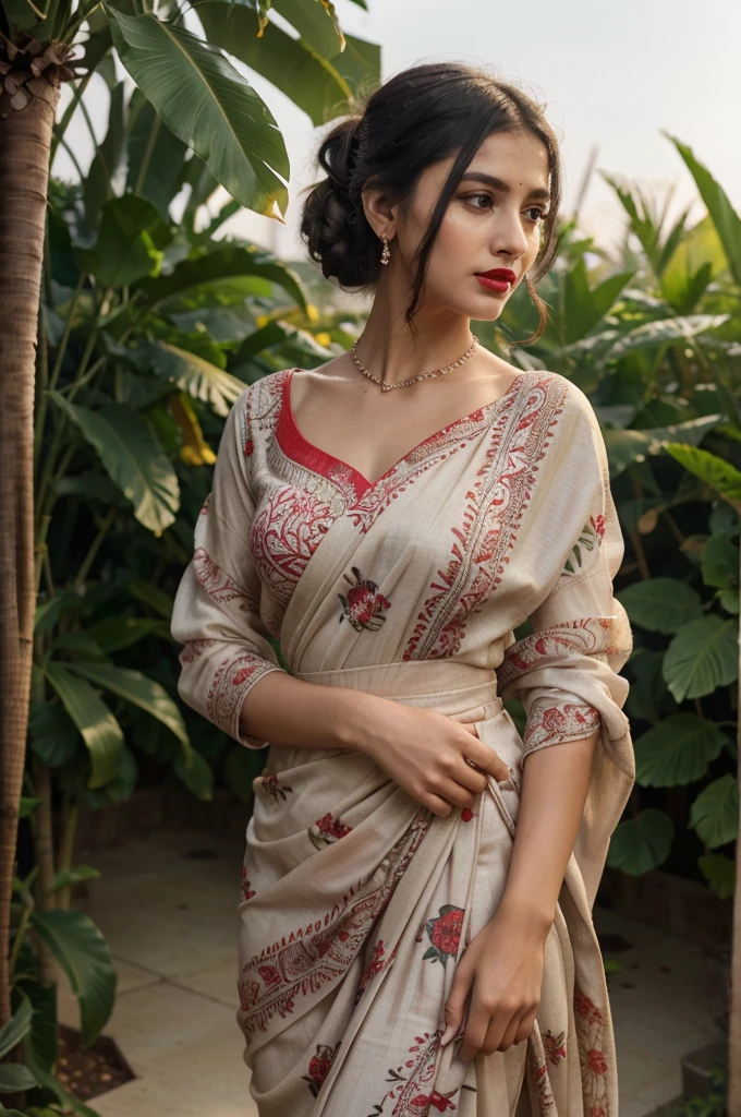 18 yearold girl(best quality,4k,8k,highres,masterpiece:1.2),ultra-detailed,(realistic,photorealistic,photo-realistic:1.37),portrait,girl,wearing saree maxi,small chain on neck,black hair,hair band in ponytail,vivid colors,soft lighting,lush garden background,subtle bokeh,warm color tones,rich girl,red lipstick,earing,wearing same dress,wearing saree,traditional maxi ,beutifull print,not asspose skin,long full sleeve long dress,hide the skin with dress shy,blouse touches the  skirt,net fabric shawl,wearing a small bangle on hand,round neck design dress,wearing bangles