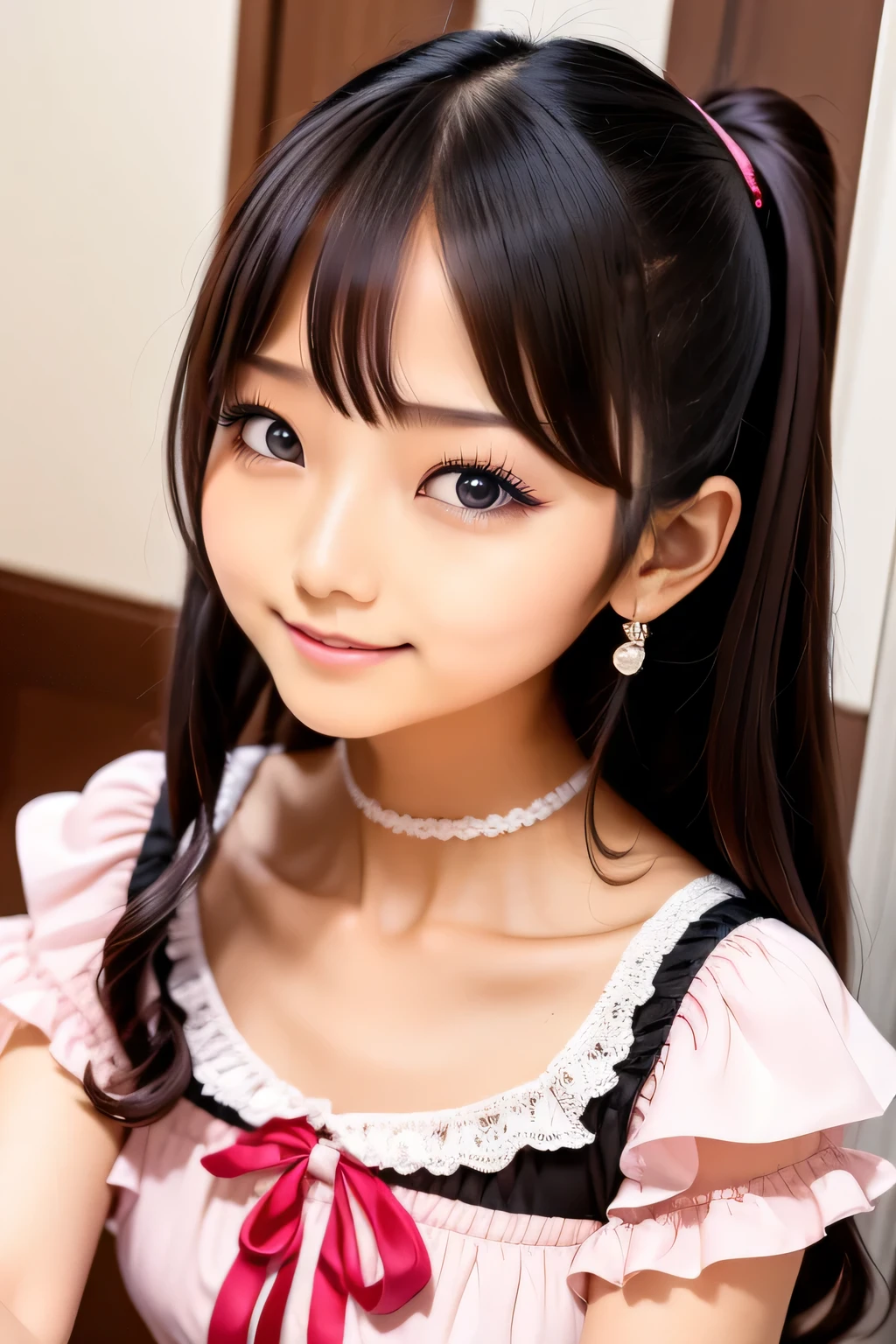 Pink Lolita Fashion, collar with lots of frills, Dancing, bangss、s lips、without makeup、short eyelashes、watching at viewers、A smile、Photorealsitic、high-level image quality、masutepiece, Best Quality, 8K, Beautie、Fine details