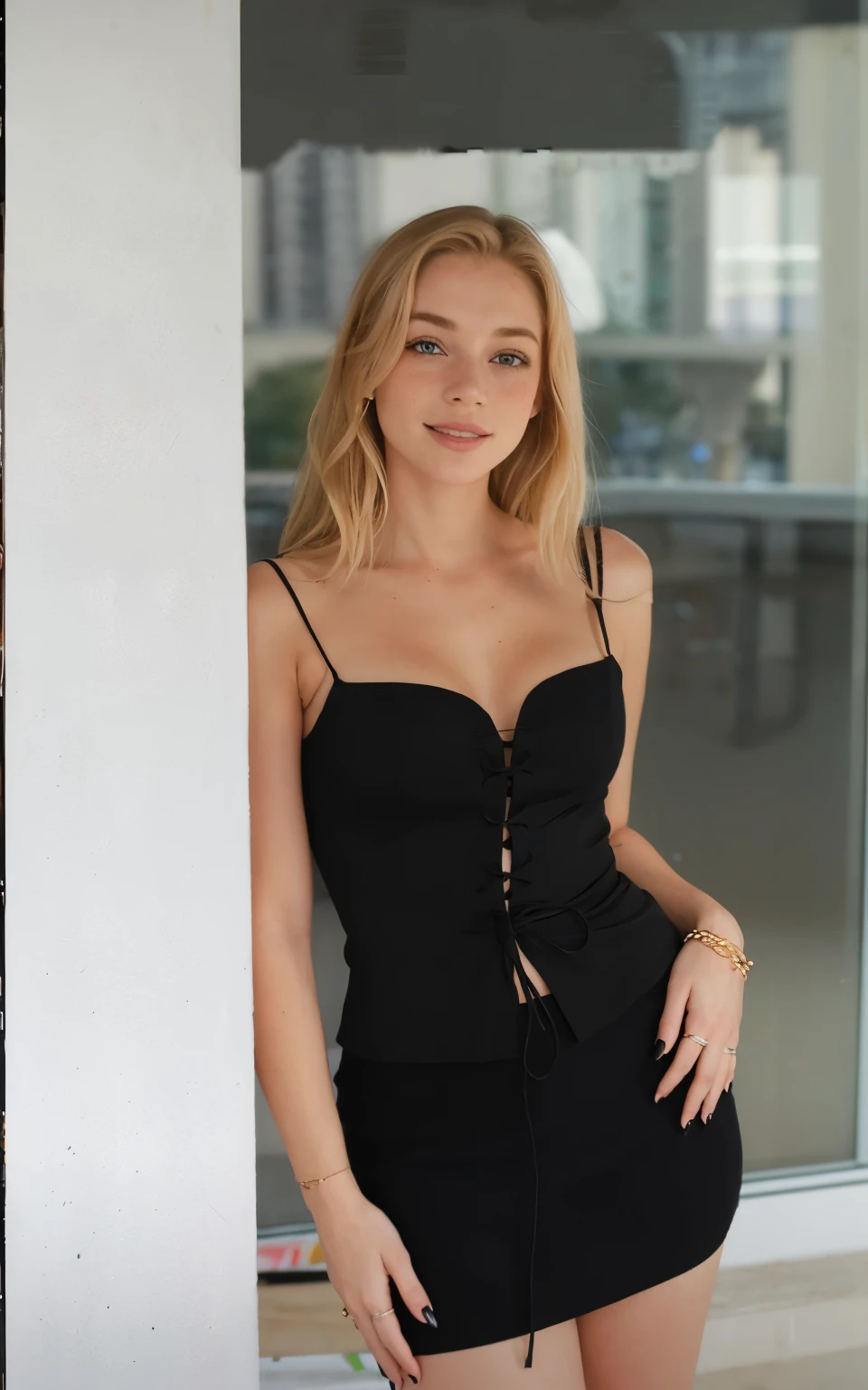 mulher, americana, 25 anos, pale skin and freckles, olhos cinzas, nariz delicado, soft and delicate lips, Cabelo blondie cinza longo e ondulados, sorriso meigo