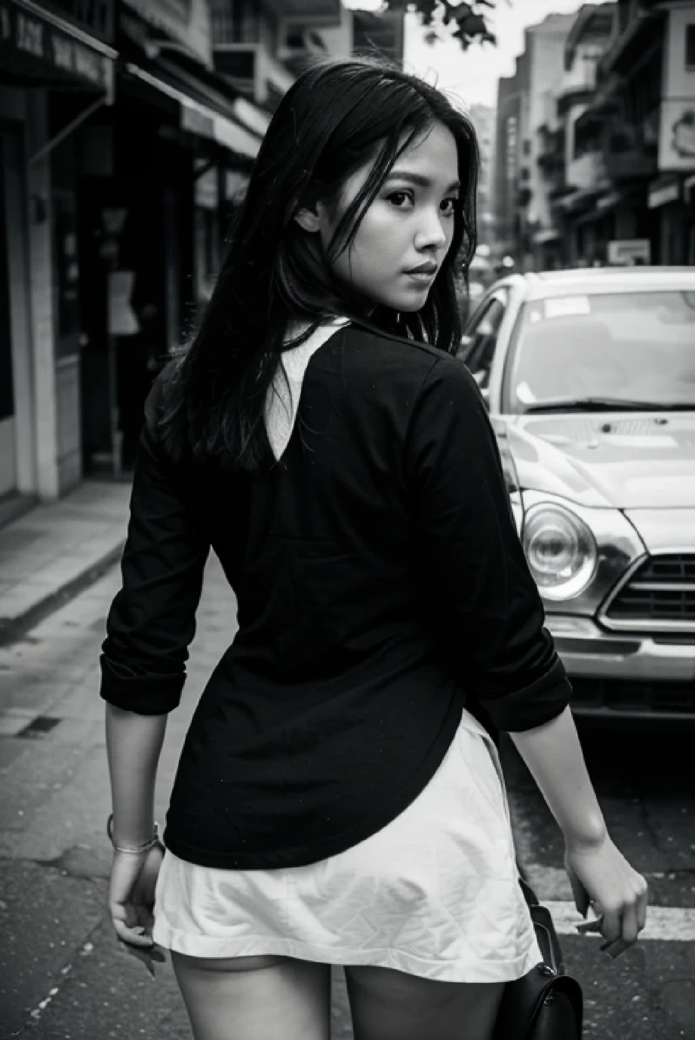 old black and white photos of contemporary Thai girl outfits Realistic long-distance shooting
