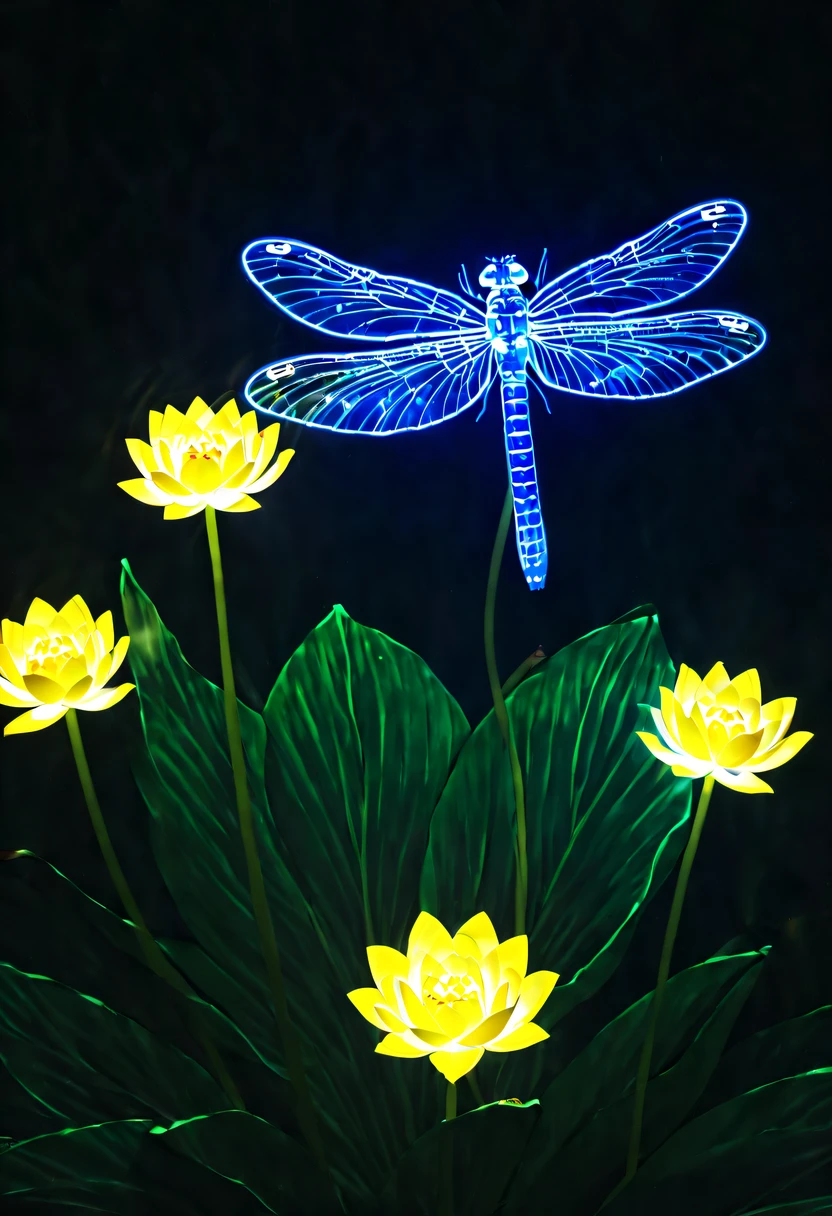 (glowing dragonfly:1.5),nighttime scene,lotus flower