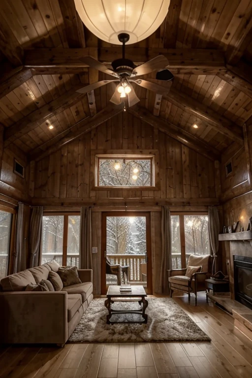 Large, double-height living room, floor to ceiling window in a side cabin. Outside there is a dark landscape covered in snow. The living area is decorated with plush, contemporary sofas and chairs in neutral tones, agrupados em torno de um baixo, mesa de centro central. The room's color palette is made up of dark, warm brown tones., with the soft lighting of multiple lamps adding a cozy ambiance.