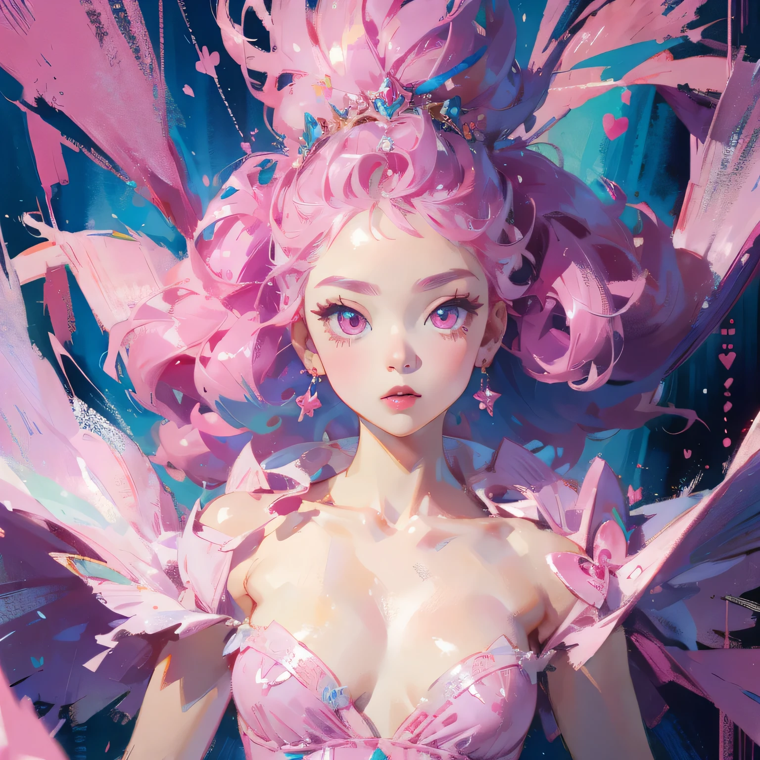 Pink Princess, (Pink-Blue hair), ((big hair)), double eyelid, slender figure, cute expression, perfect skin, (fluffy), pink eyes, (fluffy Particles:1.2), (cute clothing), (NSFW:1.1)