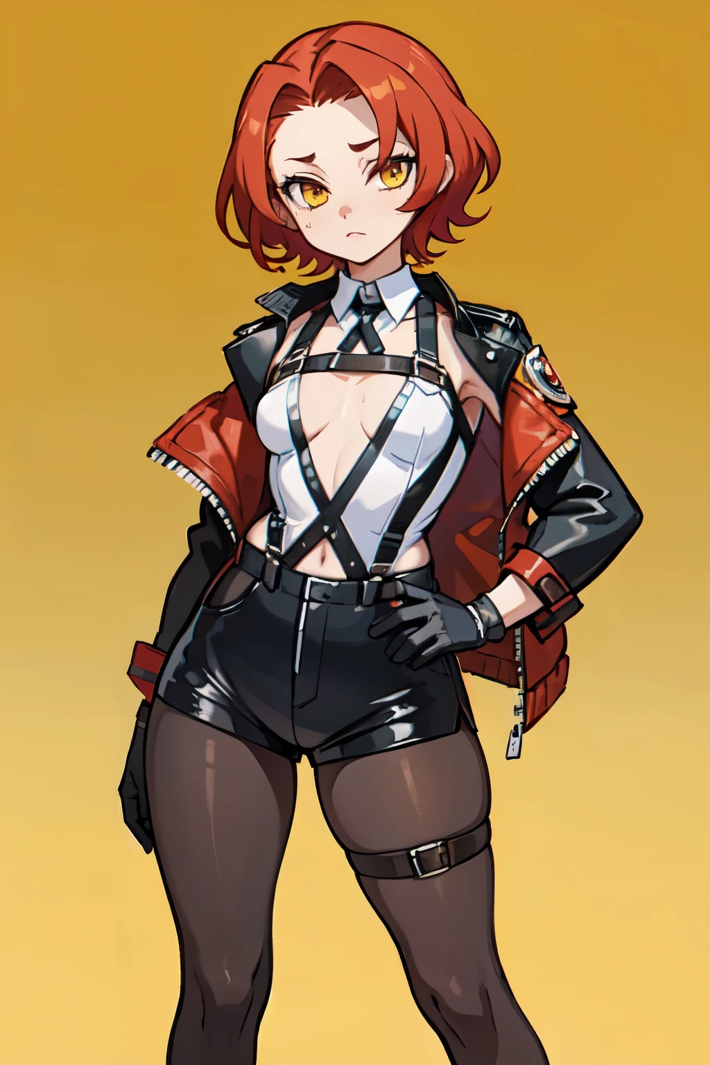 1girl, young woman, solo, short hair, Small  hair, (forehead:1.2), yellow eyes, sharp ocular posture, (scarlet red hair), light brown skin tone, Athletic, muscular, medium breasts, (mini jacket, black jacket), white shirt, collared shirt, (chest harness, shoulder strap:1.15), black leather shorts, 7/8 pantyhose, garter belt, gloves, elegant, looking at viewer, standing, mustard color background, masterpiece, best quality, 4k