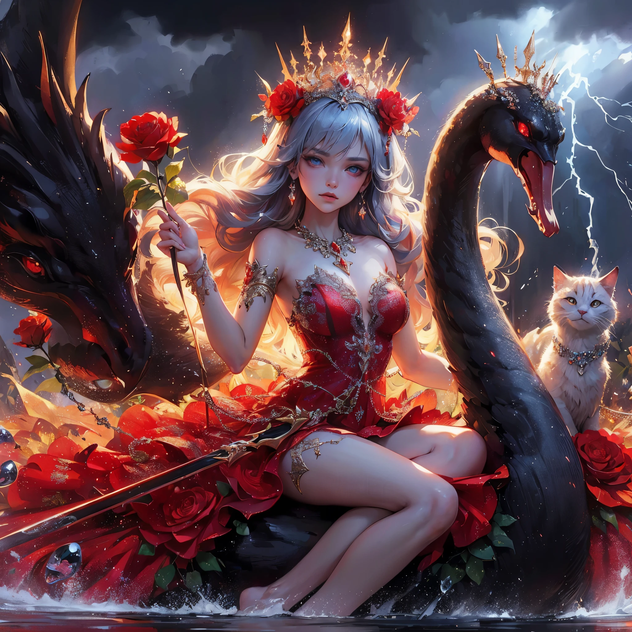 a woman in a red dress sitting on a swan with a sword, a cat nearby, beautiful fantasy art, very beautiful fantasy art, goddess of anger, beautiful elegant demon queen, a beautiful fantasy empress, breathtaking fantasy art, digital art fantasy art, gothic fantasy art, dark skin female goddess of love, goddess of love, fantasy dark art, goddess of love and peace, goddess of fire, (unreal engine, masterpiece, best quality:1.2),,(8k,highres,RAW photo,realistic,photo-realistic:1.3),(detailed skin texture,detailed cloth texture,beautiful detailed face:1.25),professional lighting,photon mapping,beautiful soft light,radiosity,physically-based rendering,raytracing, model shoot style, model shoot style, (extremely detailed CG unity 8k wallpaper), full shot body photo of the most beautiful artwork in the world,