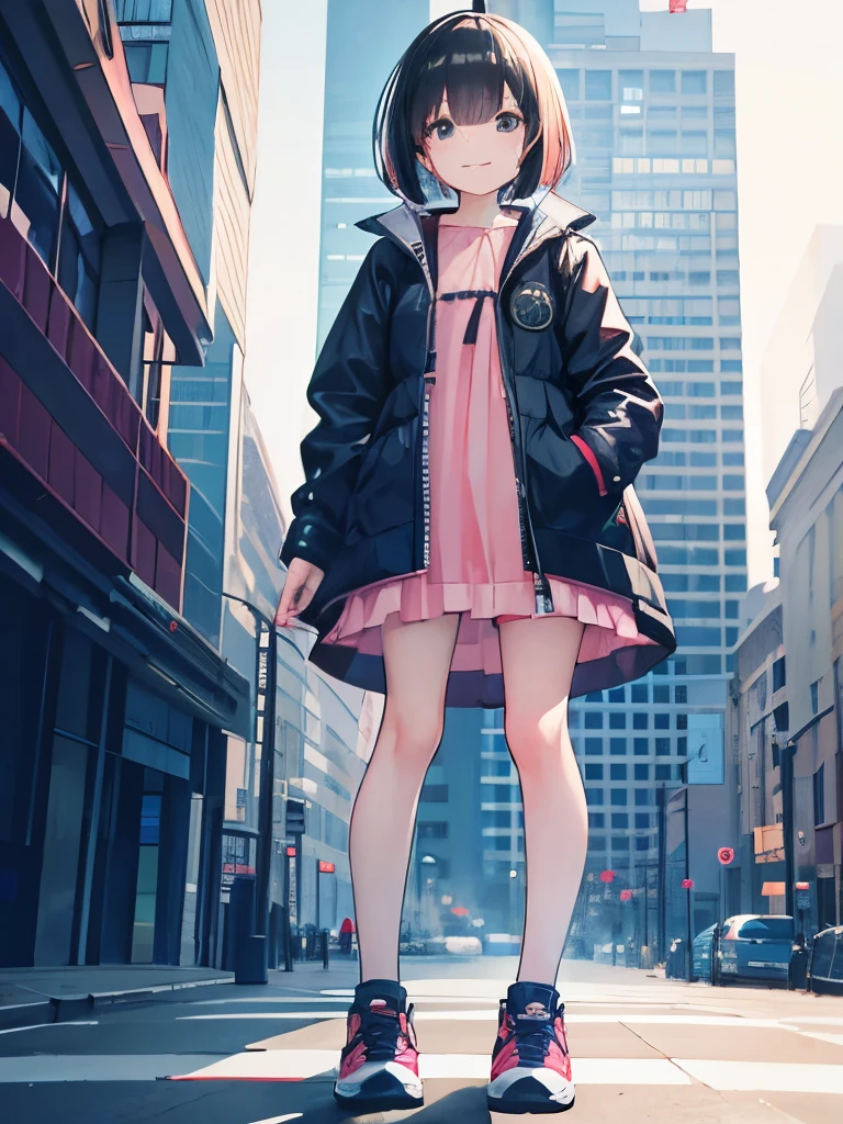 Best Quality, accurate anatomy, Exact ratio, High resolution, city, 1girl in, Petite, flat chest, Bob Hair, Smiling,parka jacket over frill dress, sneakers