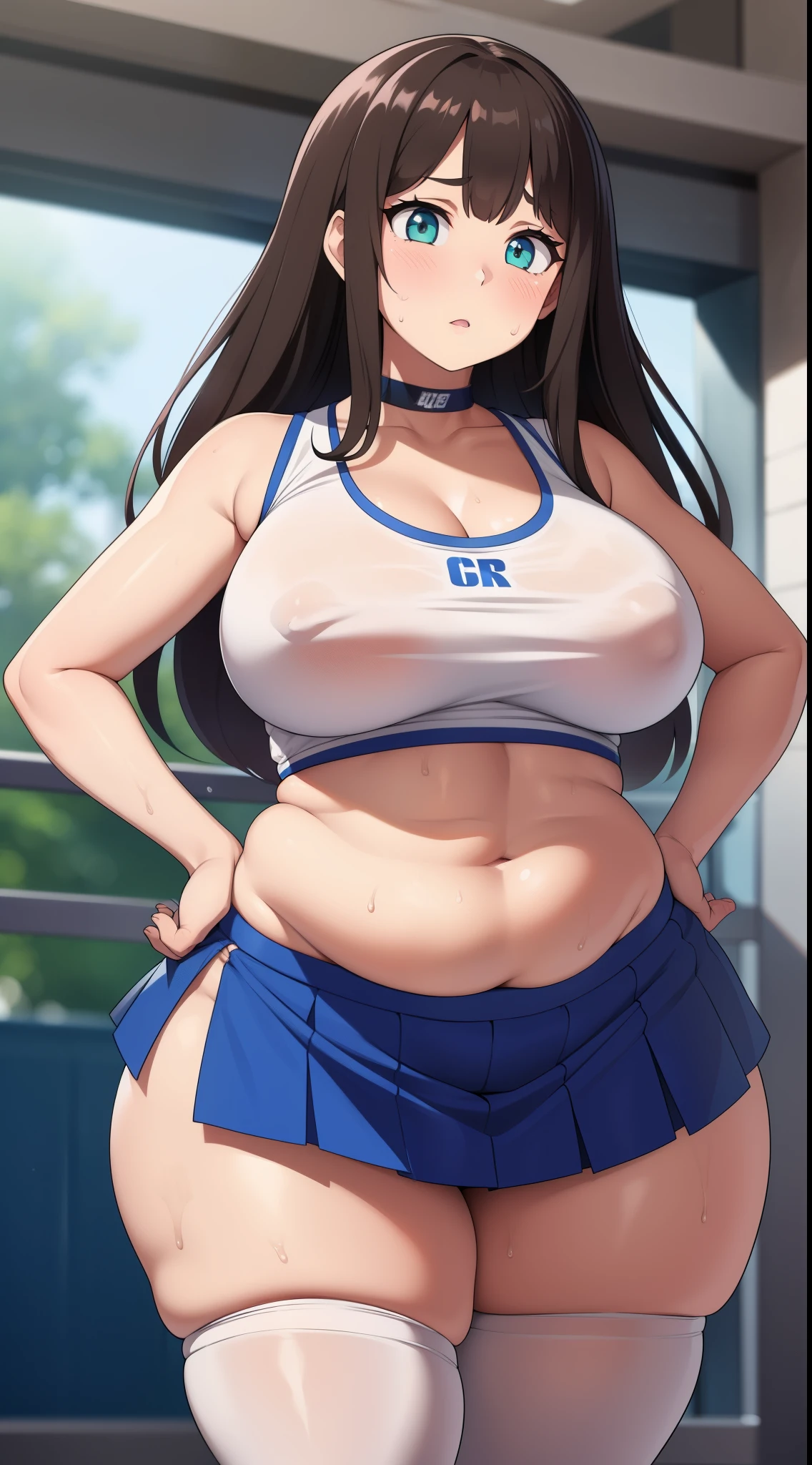 ((Masterpiece)), perfect anatomy, perfect shading, field of depth, (best quality), extremely delicate and beautiful, perfect lighting, detailed face, ultra cute face, cute, (cowboy shot 1.2), looking at viewer, full body, (((1girl))), (((solo))), cheerleader
long hair, fluffy hair, brown hair, green eyes, ((blush))), embarrassed, worried, (cheerleader uniform), (blue and white tank top 1.2), (short section skirt 1.2), thigh highs, chocker, extremely tight clothes, large breasts, cleavage, perky breasts, (((wide hips))), ((thick thighs)), ((big butt)), ((plump)), chubby belly, fat rolls, belly hang, she has a jiggly belly,
School gym, intricate background, detailed background, sweaty, out of breath, hands on hip
