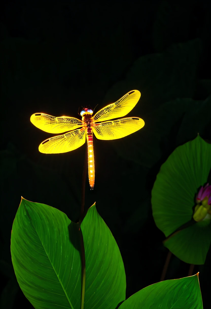 (glowing dragonfly:1.5)，nighttime scene，lotus tip
