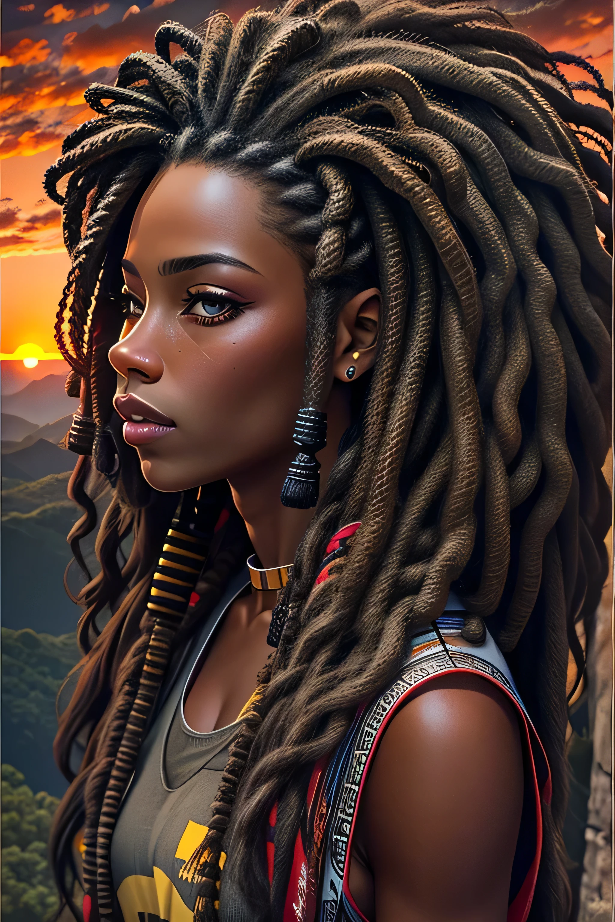 1 completely black lion on top of a mountain with sunset in the background,  muito estiloso, cabelo dreadlocks, plaits, olhos claros, desenho real, obra prima, cores do reggae, uma imagem magnifica