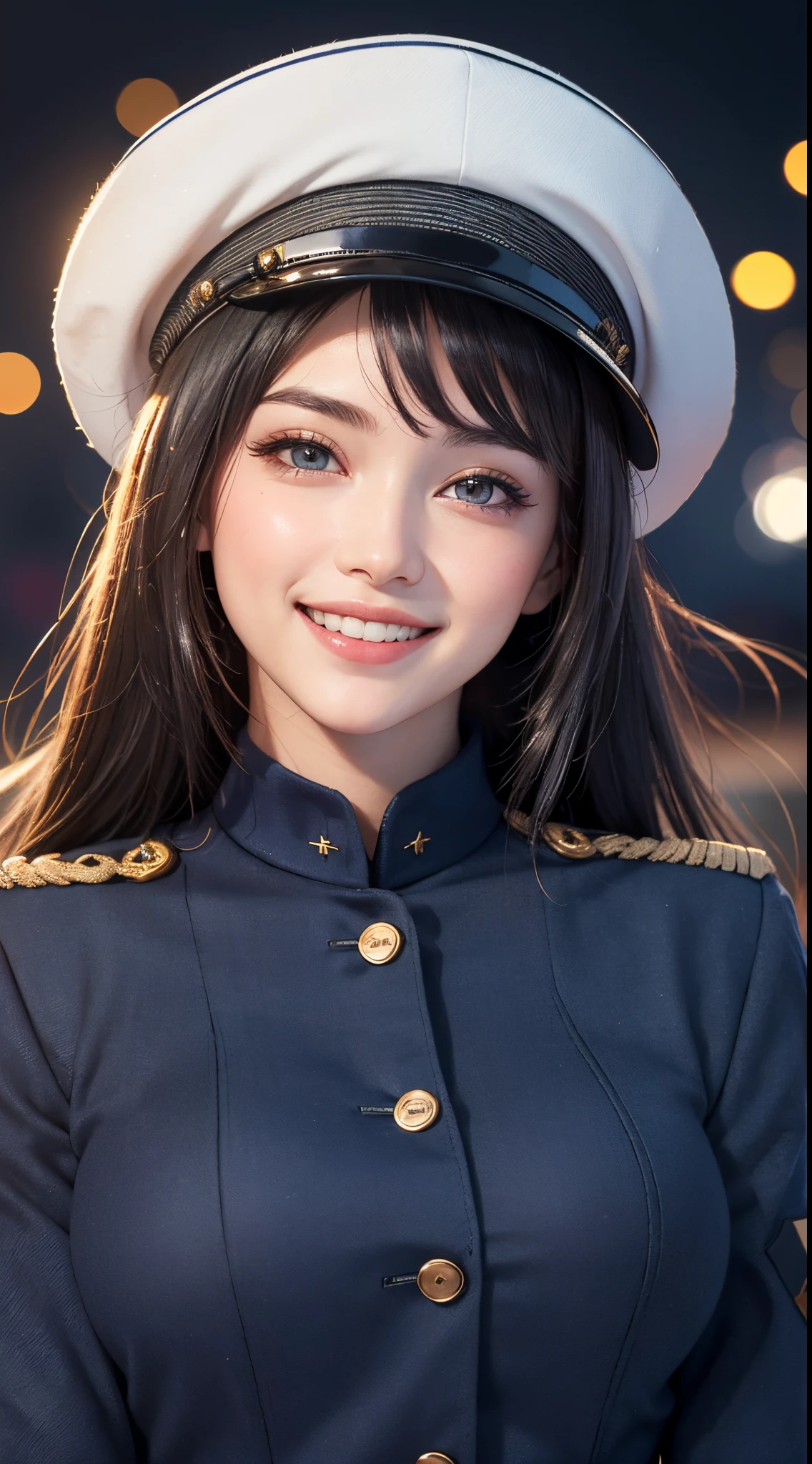 (UHD, retina, masterpiece, ccurate, anatomically correct, textured skin, super detail, high details, high quality, best quality, highres, 1080P, HD, 4K, 8k, 16k), (beautiful detailed eyes, beautiful detailed lips, extremely detailed eyes and face), studio lighting, physically-based rendering, vivid colors, (large breasts, glamorous body), (navy uniform and hat:1.5), (portrait, shiny hair, shiny skin, blush), (bokeh), eye reflection, jet black hair, (smile and laugh:1.5),