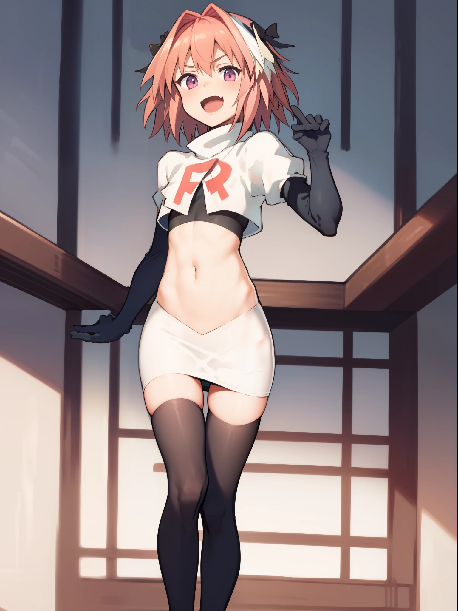 absurdres, masterpiece, best quality, (astolfo fate:1.2155), 1boy, male focus, trap, pink multicolored hair, pink hair, white hair, hair intakes, long hair, pink detailed eyes, crossdressing,1boy, team rocket,team rocket uniform, red letter R, white skirt,white crop top,black thigh-highs,black elbow gloves