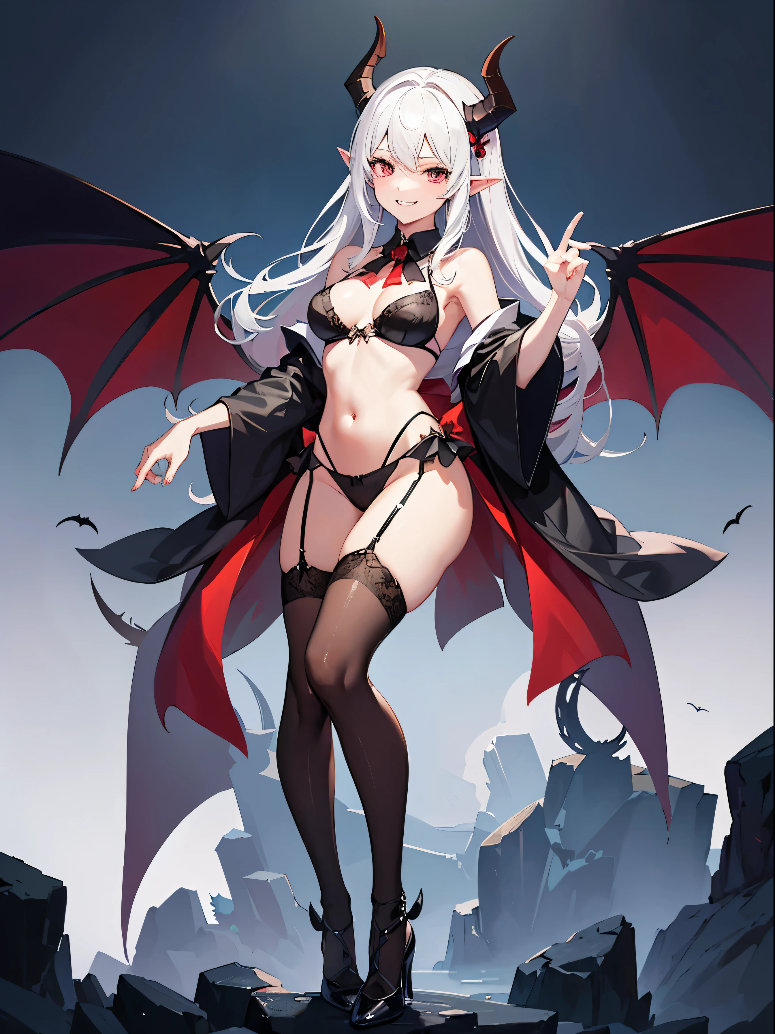 Fulll body Shot,sportrait,the only person,A beautyful girl,Hair over the shoulder,succubi,Happy,pointy ears,goat horn,high-heels,put your hand to your mouth,Cross one hand at waist,Whitish skin tone,bow tie,比基尼,grinning smile,Magic pupil,a garter belt,demons,demons翅膀,Bat wings grow on its back,Crop topping,Sexy dress up,underdressing