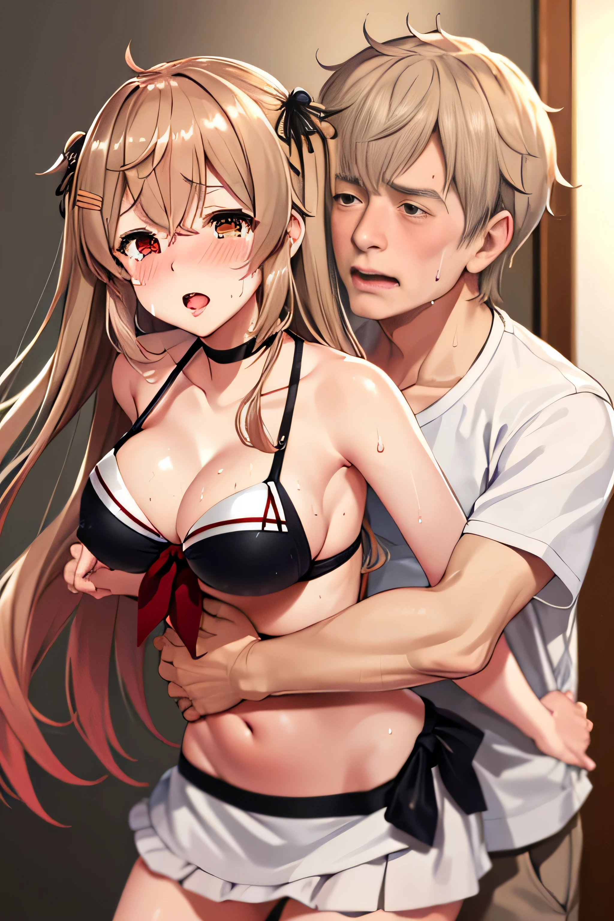 (1 old man and 1 woman,Having sex:1.5),hug from behind,grabbing on breasts:1.5),((kancolle)),(Ahegao, blush, Sweat, Open mouth, Rolling eyes, Tears, Tongue out,)(Parted lips),(I close my eyes and feel weak),(masutepiece, Best Quality:1.2),
masutepiece, Best Quality, hight resolution, Bumrasa, Long hair, two side up, hair flaps, hair clips, Heterochromia, Red Eyes, Brown eyes, medium breasts, cleavage, Sailor Bikini, Black Bikini, bikini skirt, White skirt,