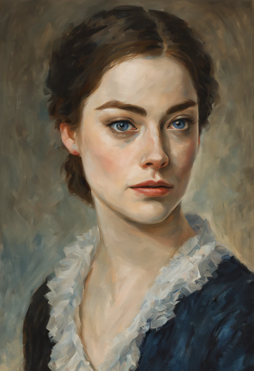 oil painting on canvas, Portrait of a emma stone, dark hair, blue eyes, 18th century, Correct anatomy, Soft light, Sergeant style, Illustration by Greg Rutkowski., Vladimir Volekov