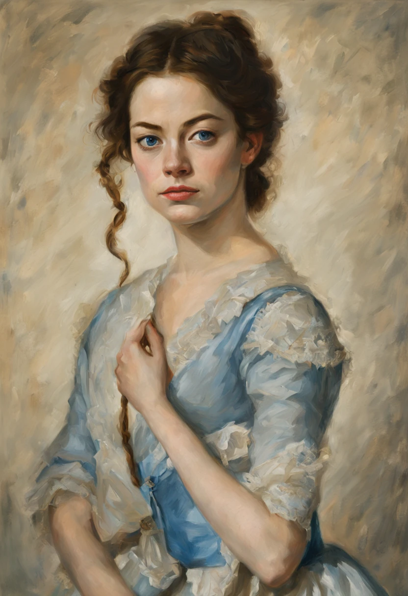 oil painting on canvas, Portrait of a emma stone, dark hair, blue eyes, 18th century, Correct anatomy, Soft light, Sergeant style, Illustration by Greg Rutkowski., Vladimir Volekov