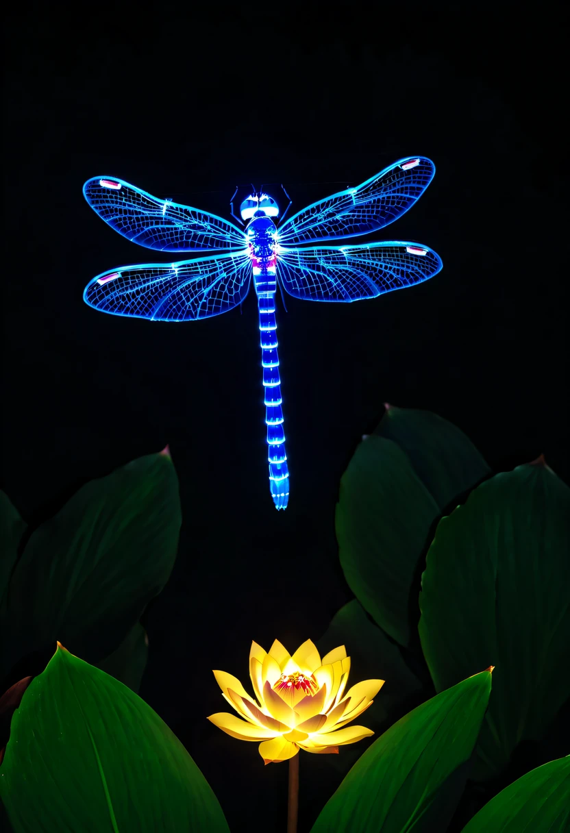 (glowing dragonfly:1.5),nighttime scene,lotus tip