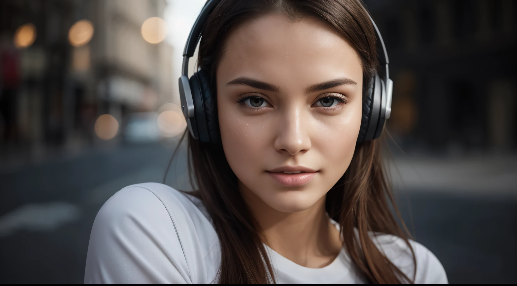 dressed, (photo realistic:1.4), (hyper realistic:1.4), (realistic:1.3), (smoother lighting:1.05), (increase cinematic lighting quality:0.9), 32K, one 20yo girl, realistic lighting, backlighting, light on face, ray trace, (brightening light:1.2), (Increase quality:1.4), (best quality real texture skin:1.4), finely detailed eyes, finely detailed face, finely quality eyes, (tired and sleepy and satisfied:0.0), face closeup, t-shirts with headphones, (Increase body line mood:1.1), (Increase skin texture beauty:1.1)