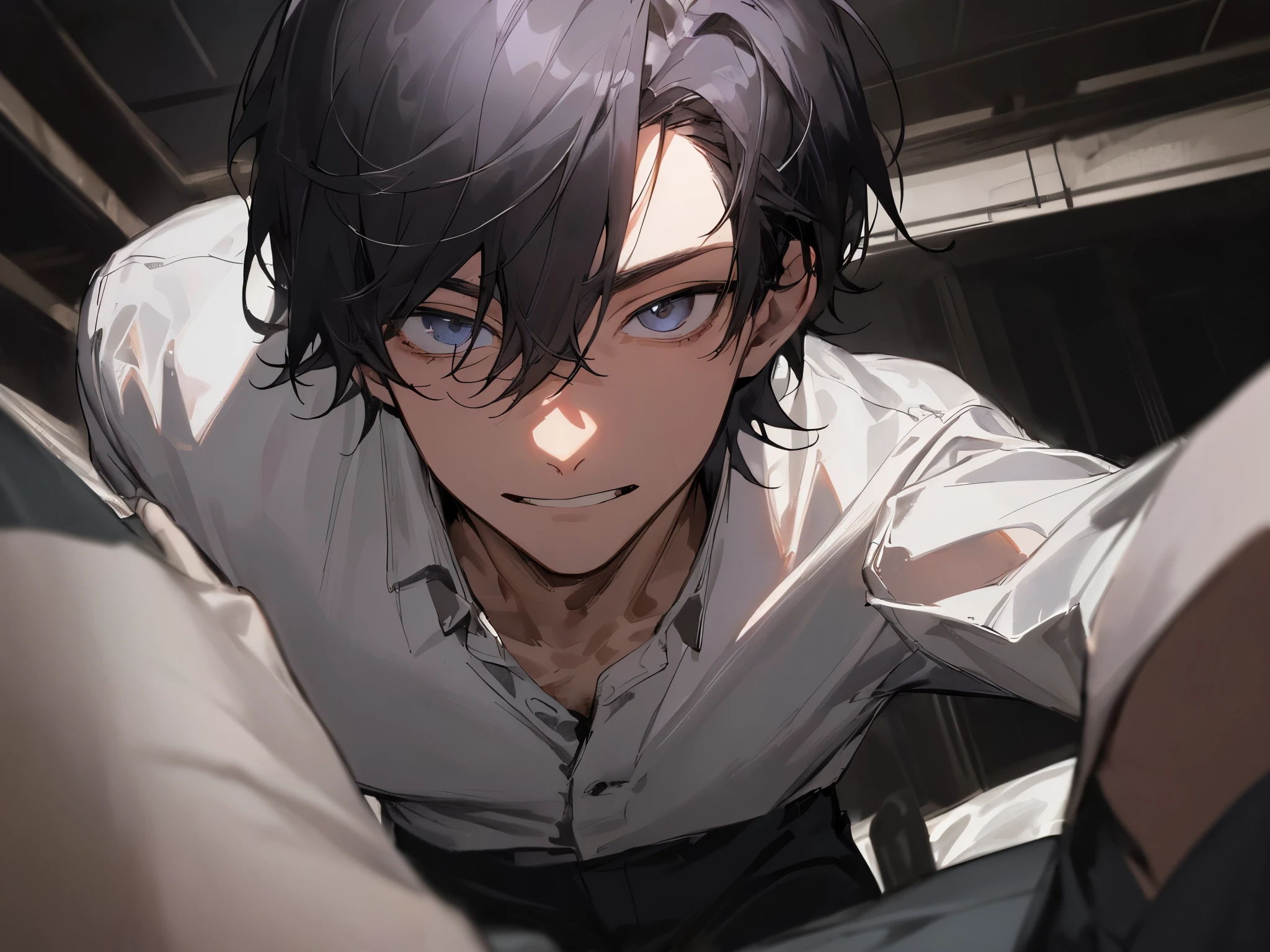 male people,a handsome,Cool atmosphere,soio,A dark-haired,mash,depressing atmosphere(masuter piece,Viewer's Perspective,face close up,ムラムラ,smil,Yandere atmosphere,,atmosphere of night,Please wear a white shirt and black pants,),Background room,a bed