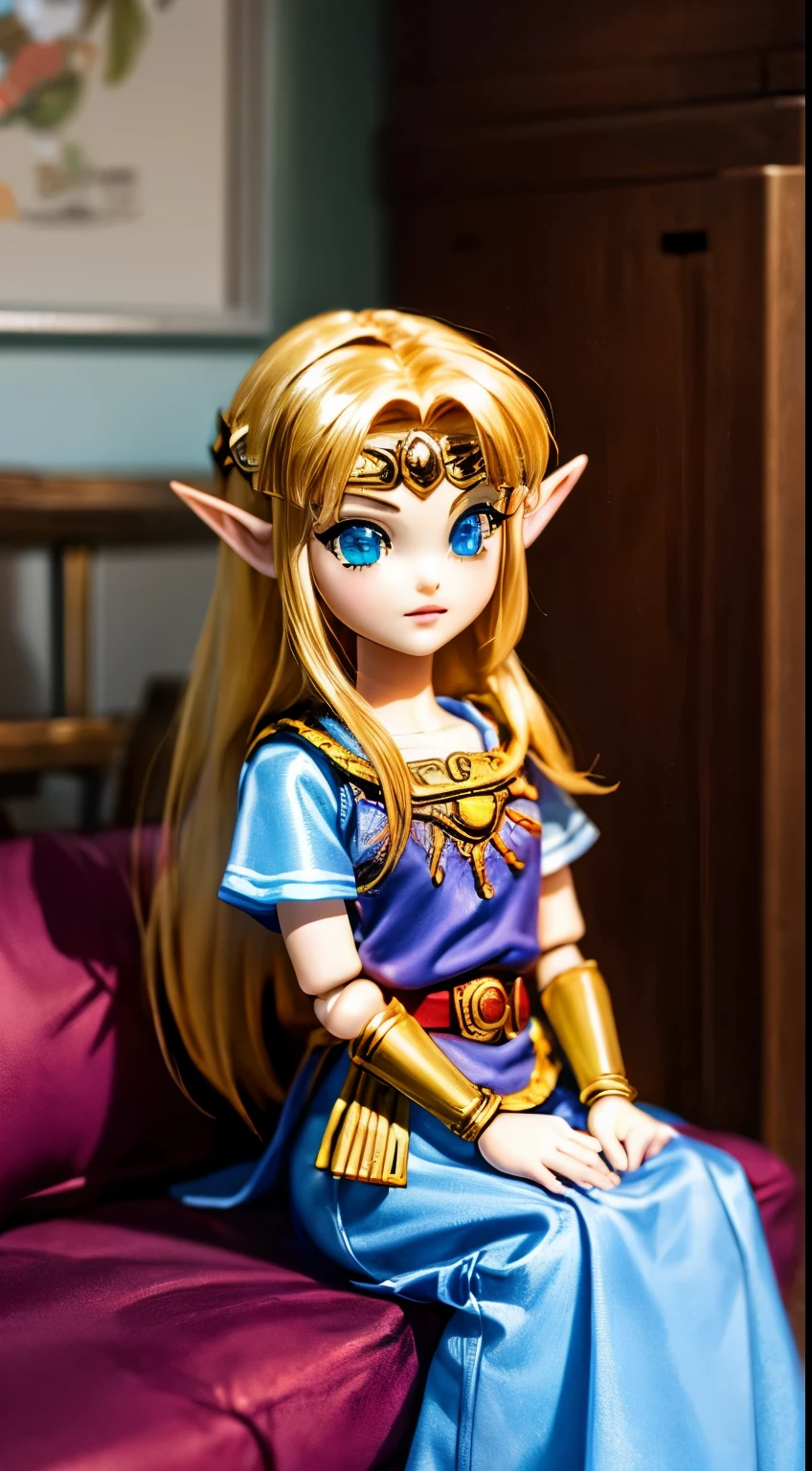 A toy doll of Zelda from "a link to the past" sitting in dimly lit room