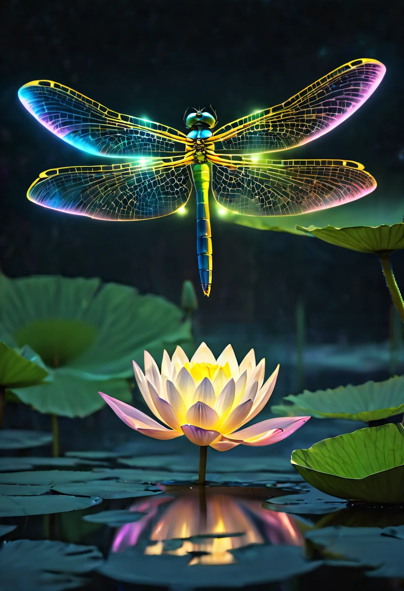 (glowing dragonfly:1.5)，nighttime scene，lotus tip