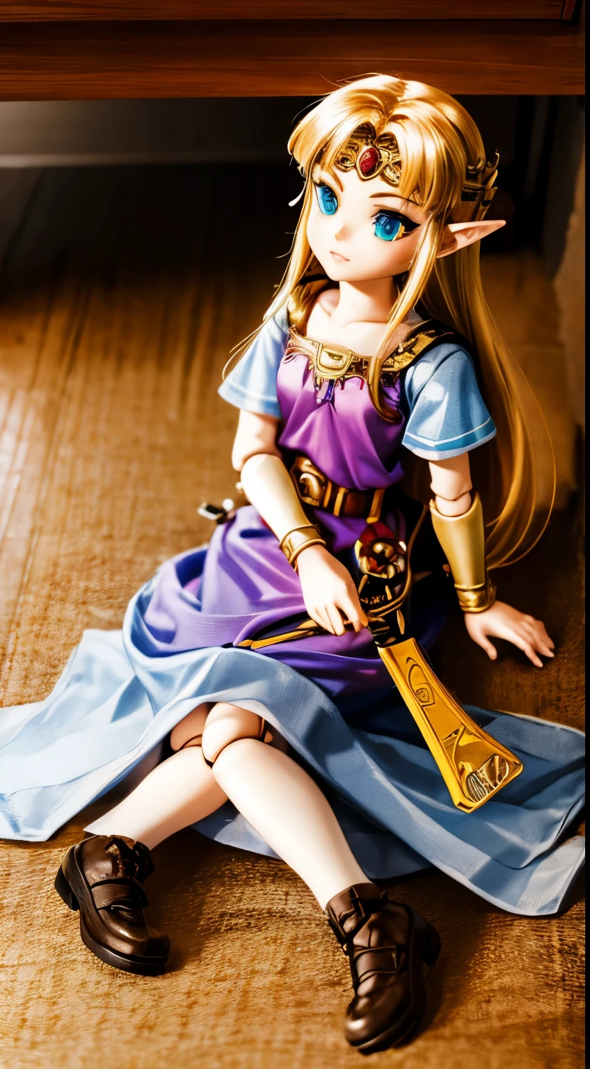 A toy doll of Zelda from "a link to the past" sitting in dimly lit room