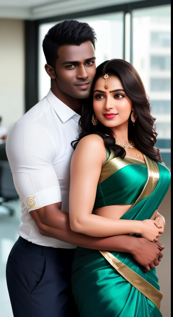 1 muscular very hary, handsome and attractive African man with sexy Indian married woman bit chubby wearing full saree. Both are hugging pose. In office. Hyper realistic image detail image. woman standing on left of the man with her navel visible