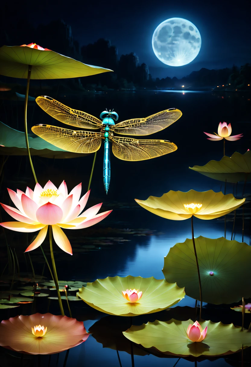 (glowing dragonfly:1.5)，nighttime scene，lotus tip