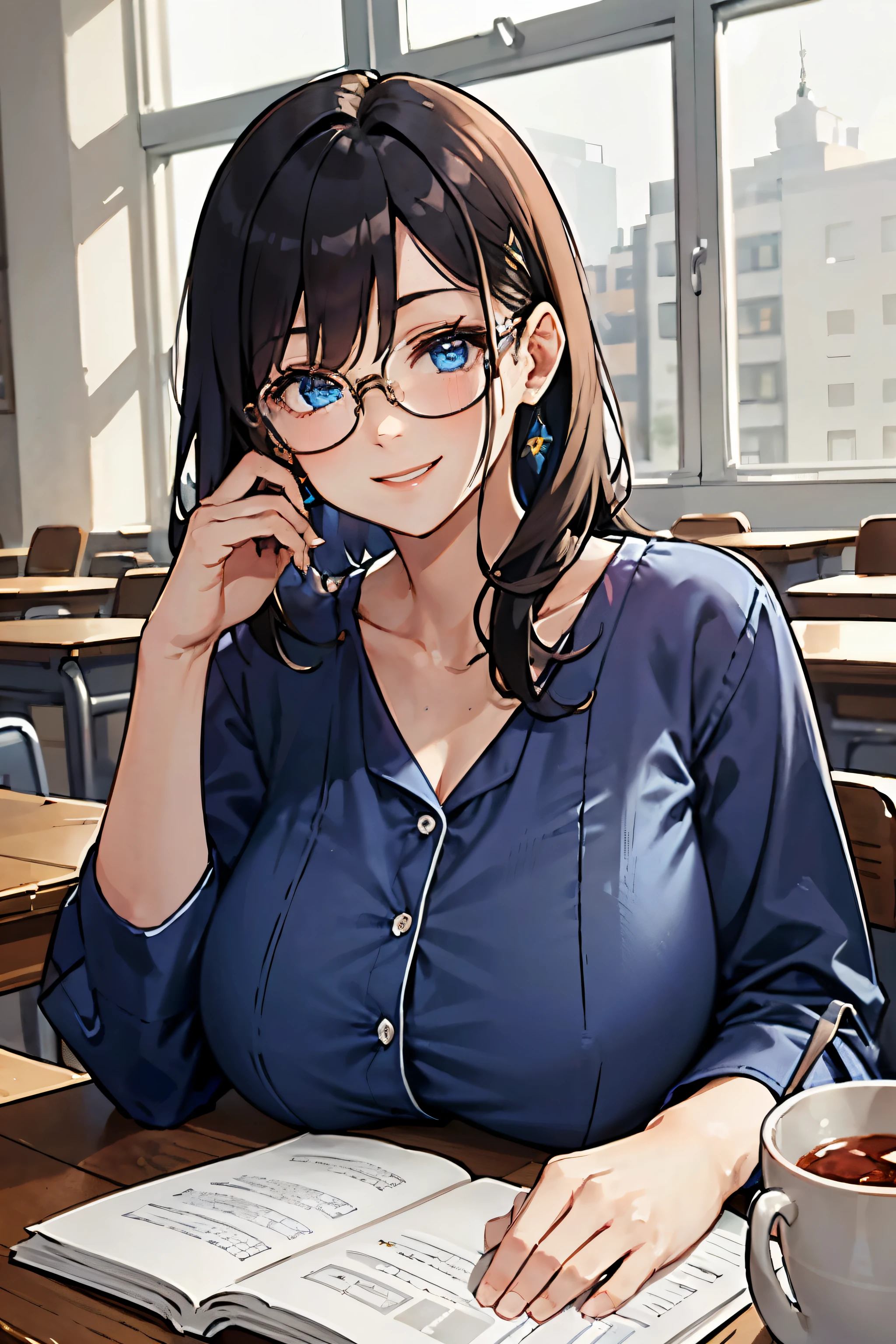 (masterpiece:1.2, best quality), (1lady, solo, upper body:1.2), clothing: loose-fitting, comfortable pajamas Accessories, detailed the hand, Hair: Short dark blue shoulder-length hair Makeup: natural, glowing skin, behaviocing the table, sitting at the table, smiling location: study, study desk, blue eyes, huge breasts, wearing a glasses