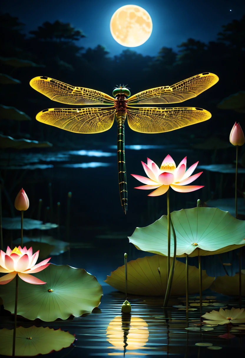 (glowing dragonfly:1.5)，nighttime scene，lotus tip
