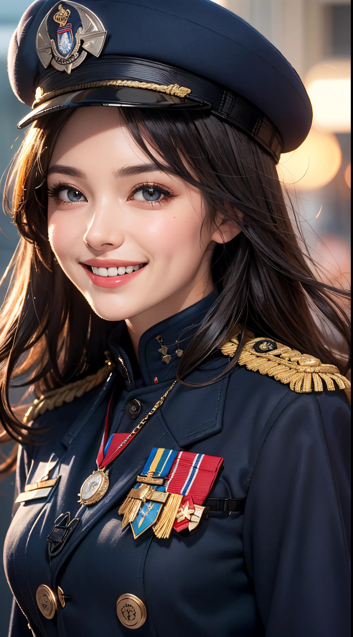 (UHD, retina, masterpiece, ccurate, anatomically correct, textured skin, super detail, high details, high quality, best quality, highres, 1080P, HD, 4K, 8k, 16k), (beautiful detailed eyes, beautiful detailed lips, extremely detailed eyes and face), studio lighting, physically-based rendering, vivid colors, (large breasts, glamorous body), (navy uniform coat, hat and medals:1.5), (portrait, shiny hair, shiny skin, blush), (bokeh), eye reflection, jet black hair, (smile and laugh:1.5),