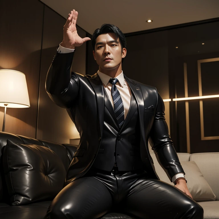 30 years old,daddy," shiny suit",Dad sat on sofa,k hd,in the office,"big muscle", gay ,black hair,"korean face",masculine,strong man,the boss is,handsome,,leather gloves,lecherous dad,look straight ahead,"dad is handsome","gay dad","handsome","raise your hand"