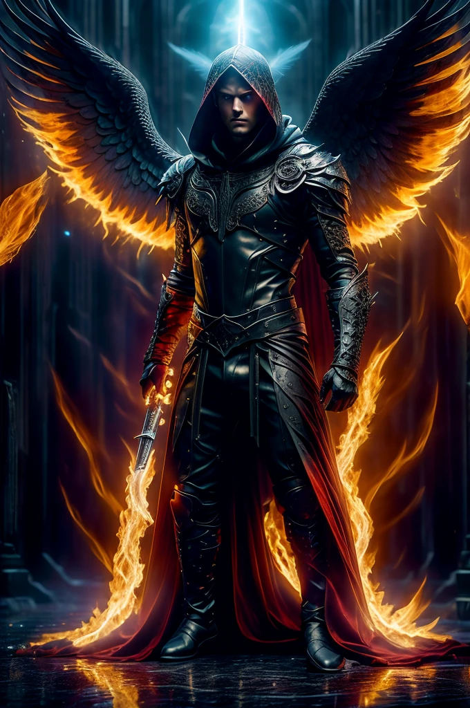 fallen bleeding faceless angel wearing a hood with a huge flaming sword and huge black wings kneeling standing on the abyss of death hell