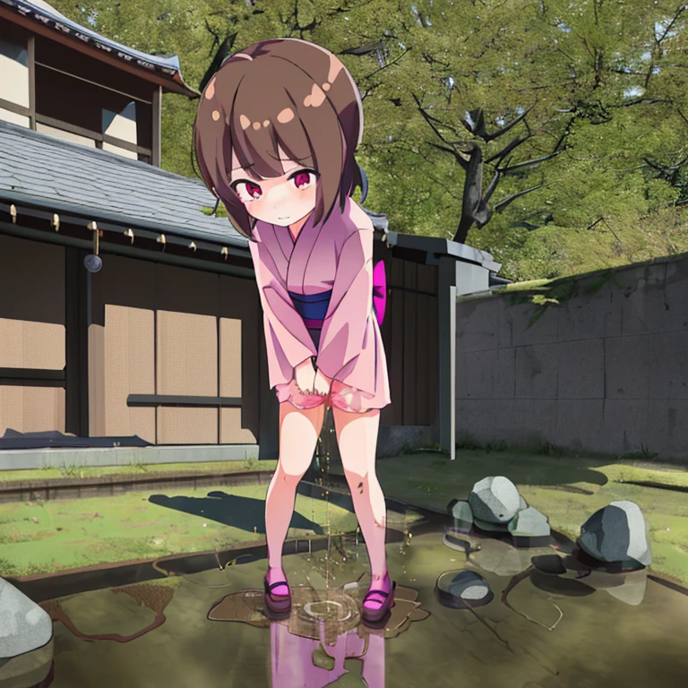 teens girl,Brown hair,Wearing hair ornaments,She is wearing a knee-length pink yukata.,Building shadow,crouching down,Omorashi,Pee,Futomo,natta,A small puddle at your feet,Wearing clogs,祭りのnatta,Emphasis on embarrassment,hiquality,Tachishoben,grassy,bare-legged