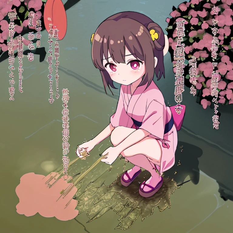 teens girl,Brown hair,Wearing hair ornaments,She is wearing a knee-length pink yukata.,Building shadow,crouching down,Omorashi,Pee,Futomo,natta,A small puddle at your feet,Wearing clogs,祭りのnatta,Emphasis on embarrassment,hiquality,Tachishoben,grassy,bare-legged