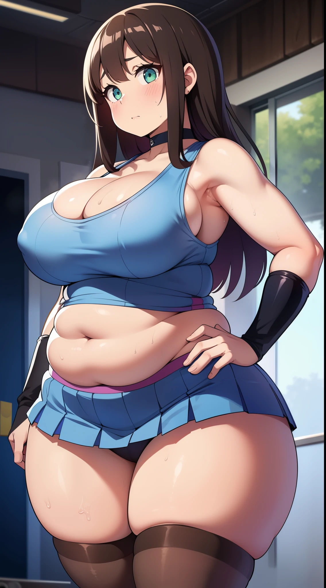 ((Masterpiece)), perfect anatomy, perfect shading, field of depth, (best quality), extremely delicate and beautiful, perfect lighting, detailed face, ultra cute face, cute, (cowboy shot 1.2), looking at viewer, full body, (((1girl))), (((solo))), cheerleader
long hair, fluffy hair, brown hair, green eyes, ((blush))), embarrassed, worried, (cheerleader uniform), (blue and white tank top 1.2), (short section skirt 1.2), thigh highs, chocker, extremely tight clothes, large breasts, cleavage, perky breasts, (((wide hips))), ((thick thighs)), ((big butt)), ((plump)), chubby belly, fat rolls, belly hang, she has a jiggly belly,
School gym, intricate background, detailed background, sweaty, out of breath, hands on hip