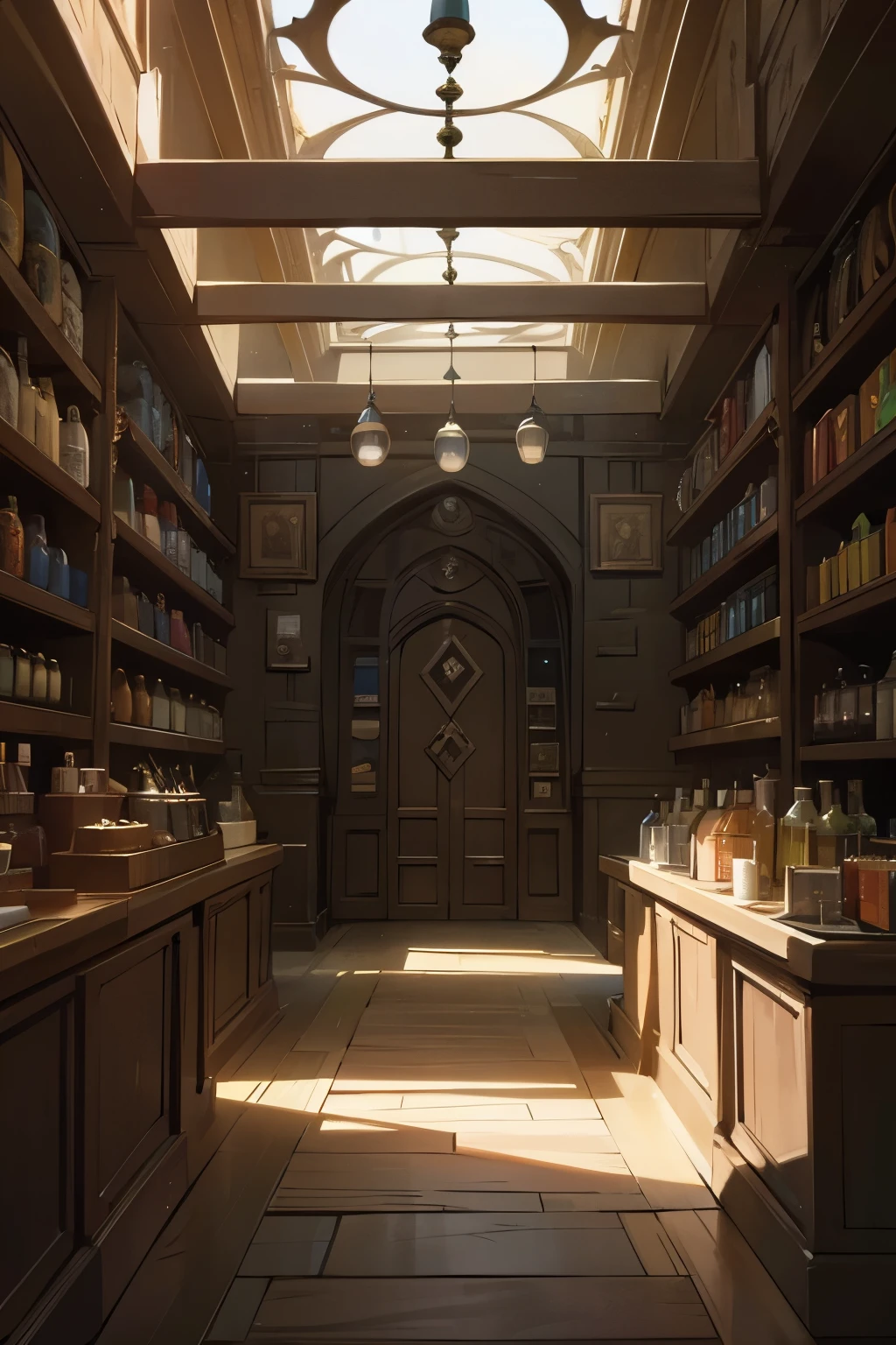 historical setting magic store inside, front view, harry potter, DIAGON ALLEY, showcase, textured, maximum detail, peltate plate, no people, Highest quality, masterpiece, magic potion, Mythological creatures