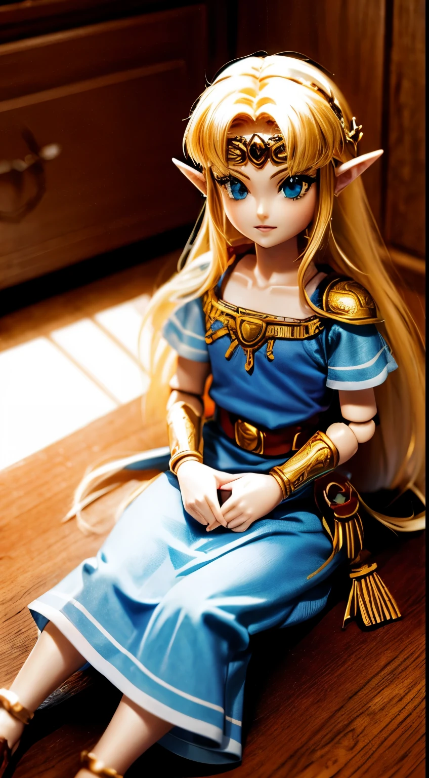 A toy doll of Zelda from "a link to the past" sitting in dimly lit room