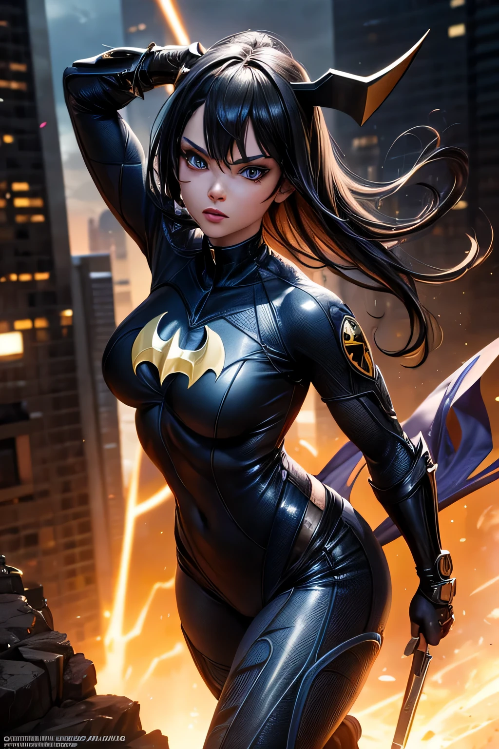 Superhero Batgirl, combat stance, highly detailed, sexi, revealing, vibrant appearance, creative behavior, extremly detailed, imaginative, , spontaneous, highest quality, skin texture, intricate details, (cinematic lighting), RAW photo, 8k, masterpiece,best quality,ultra-detailed,very detailed illustrations,extremely detailed,intricate details,highres,super complex details,extremely detailed 8k cg wallpaper,