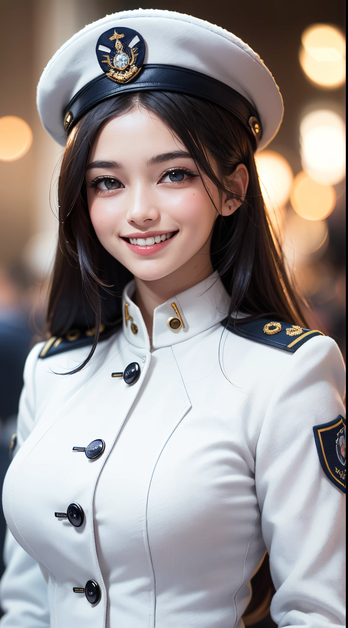 (UHD, retina, masterpiece, ccurate, anatomically correct, textured skin, super detail, high details, high quality, best quality, highres, 1080P, HD, 4K, 8k, 16k), (beautiful detailed eyes, beautiful detailed lips, extremely detailed eyes and face), studio lighting, physically-based rendering, vivid colors, (large breasts, glamorous body), (white color, navy uniform coat, hat and medals:1.2), (portrait, shiny hair, shiny skin, blush), (bokeh), eye reflection, jet black hair, (smile and laugh:1.5),
