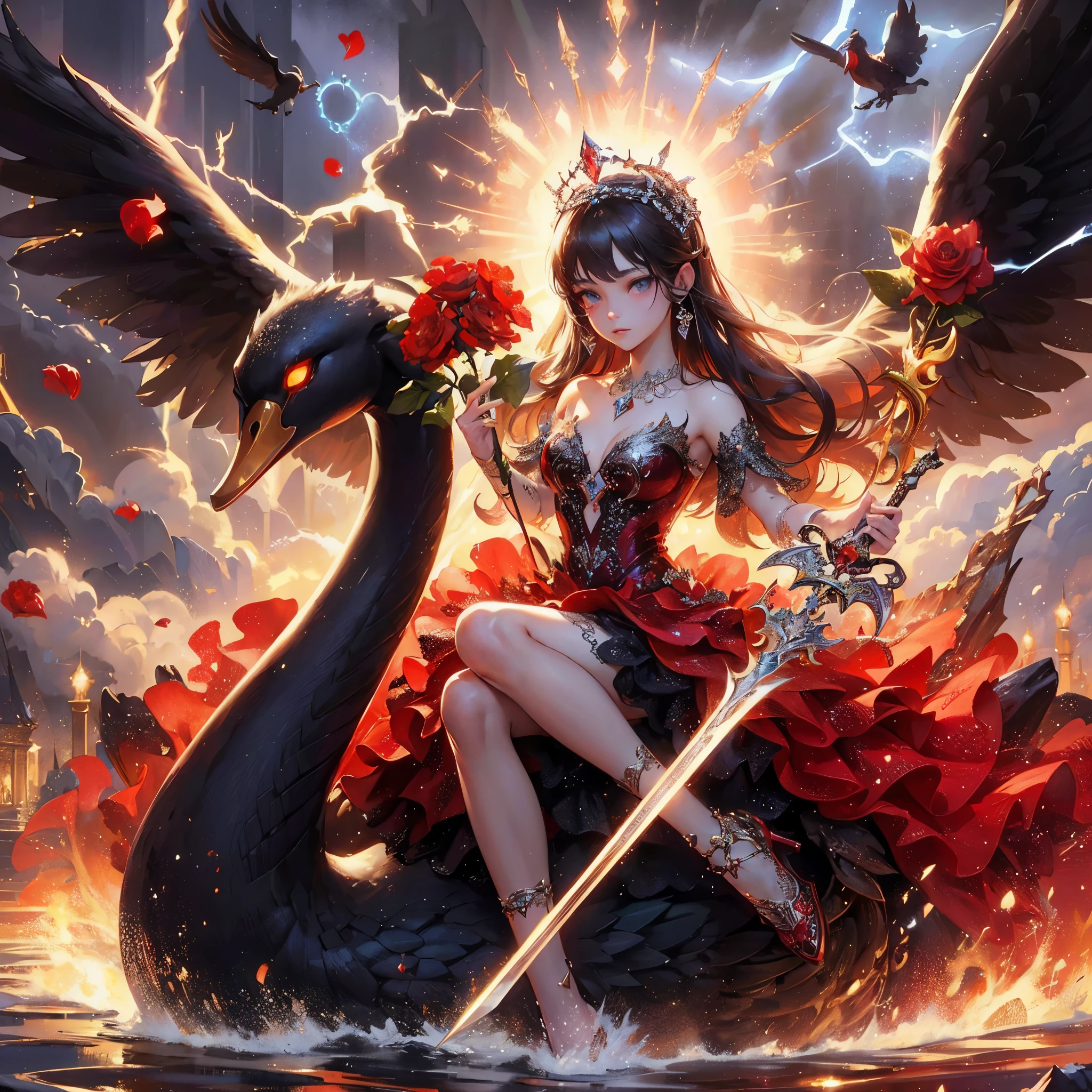 a woman in a red dress sitting on a swan with a sword, a cat nearby, beautiful fantasy art, very beautiful fantasy art, goddess of anger, beautiful elegant demon queen, a beautiful fantasy empress, breathtaking fantasy art, digital art fantasy art, gothic fantasy art, dark skin female goddess of love, goddess of love, fantasy dark art, goddess of love and peace, goddess of fire, (unreal engine, masterpiece, best quality:1.2),,(8k,highres,RAW photo,realistic,photo-realistic:1.3),(detailed skin texture,detailed cloth texture,beautiful detailed face:1.25),professional lighting,photon mapping,beautiful soft light,radiosity,physically-based rendering,raytracing, model shoot style, model shoot style, (extremely detailed CG unity 8k wallpaper), full shot body photo of the most beautiful artwork in the world,