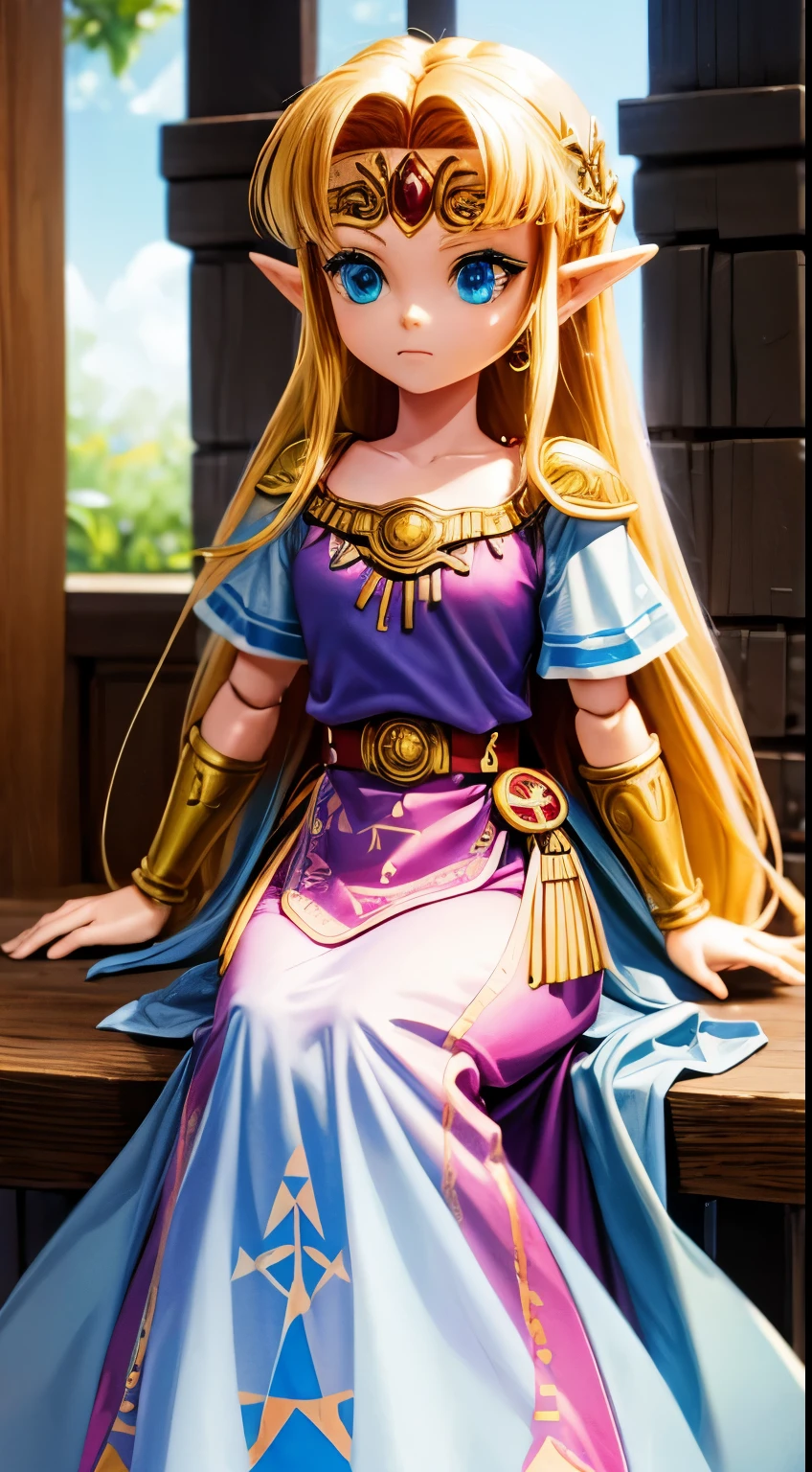 A toy doll of Zelda from "a link to the past" sitting on a fancy shelf